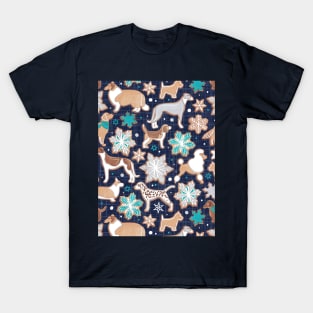 Catching ice and sweetness // pattern // navy blue background gingerbread white brown grey and dogs and snowflakes turquoise details T-Shirt